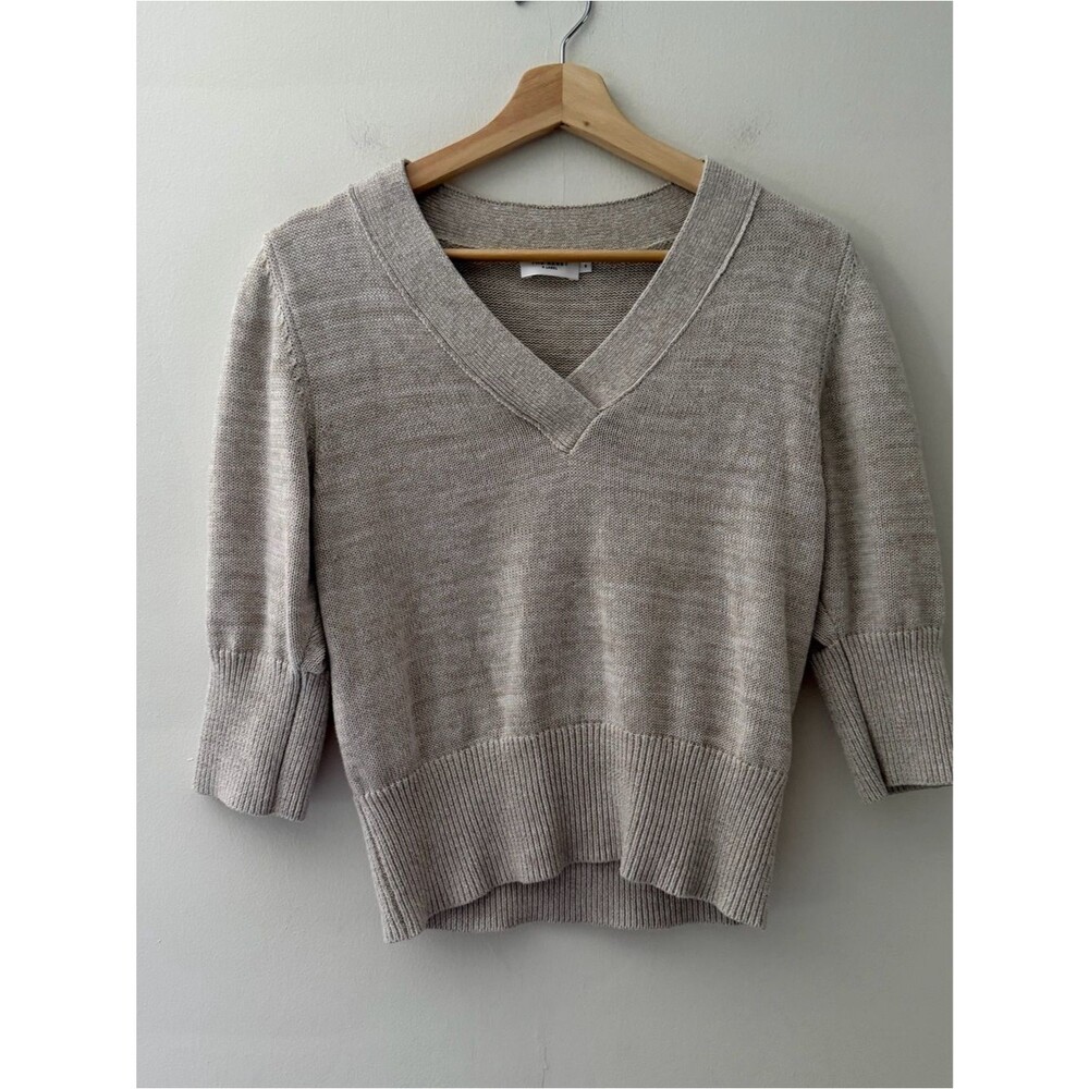 The Reset Sweater Knit Linen Cotton Beige Short Sleeve Size Small Classic V-Neck